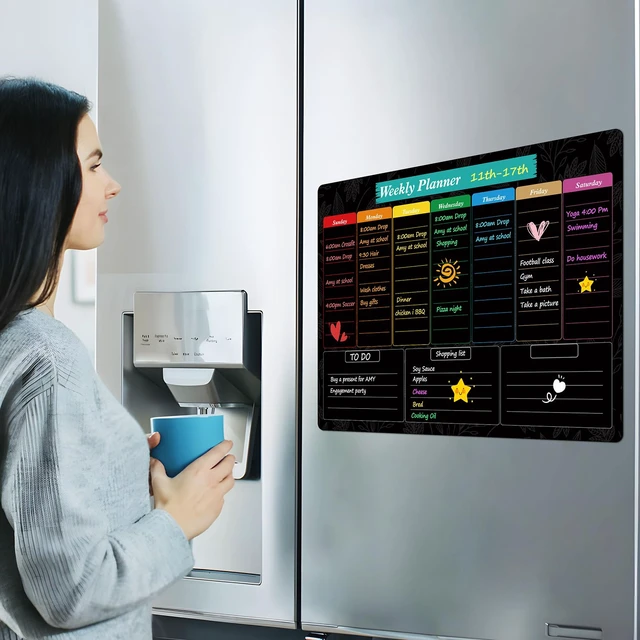 Alt view image 6 of 7 - Black Weekly Dry Erase Board for Fridge,16"x12" Magnetic Blackboard Strong Magnetic Backing, Easy to Write and Clean, Dry Erase Surface and Stain Resistant with 7 Markers,1 Eraser and 1 Cloth