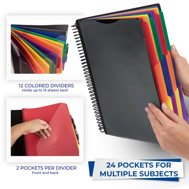Alt view image 3 of 7 - Spiral Folder Organizer - 12 Dividers & 24 Pockets with Notepad Holder, Multi Pocket Color Cordinated Folder Binder with Customizable Tabs, Document Organizer (Basic)