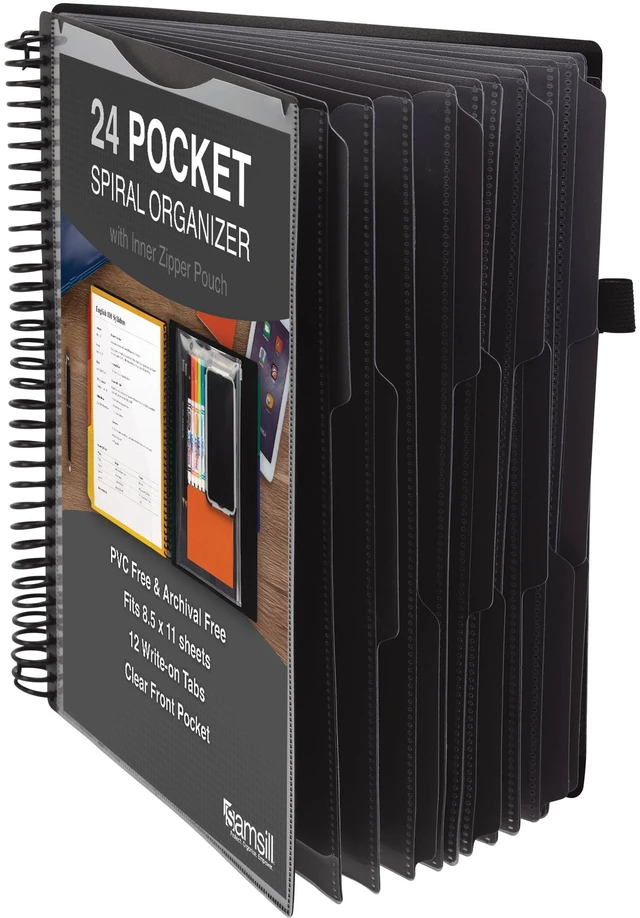 Main image of Spiral Folder Organizer - 12 Dividers & 24 Pockets with Notepad Holder, Multi Pocket Color Cordinated Folder Binder with Customizable Tabs, Document Organizer (Grey)