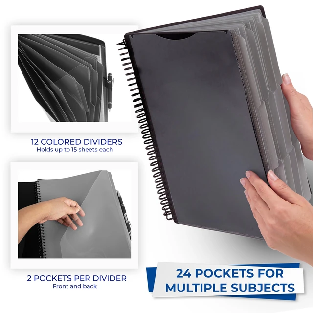 Alt view image 3 of 7 - Spiral Folder Organizer - 12 Dividers & 24 Pockets with Notepad Holder, Multi Pocket Color Cordinated Folder Binder with Customizable Tabs, Document Organizer (Grey)