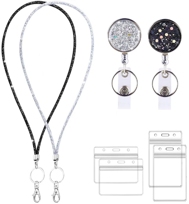Main image of Retractable ID Badge Holder with Bling Neck Strap Lanyard, Bling Badge Reel with Clear Card Holder for Office Worker Teacher Doctor (RSilverBlack)