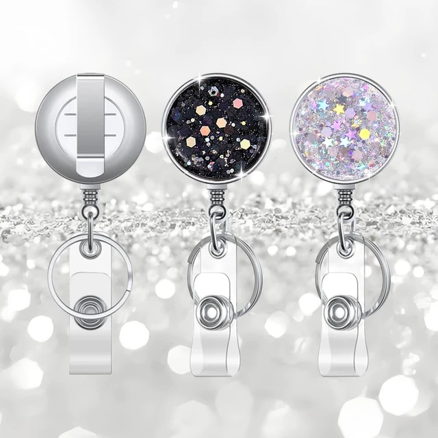 Alt view image 4 of 7 - Retractable ID Badge Holder with Bling Neck Strap Lanyard, Bling Badge Reel with Clear Card Holder for Office Worker Teacher Doctor (RSilverBlack)