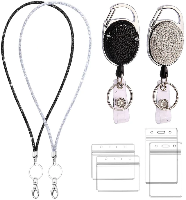 Main image of 2 Pack Retractable ID Badge Holder with Bling Neck Strap Lanyard, Bling Badge Reel with Clear Card Holder for Office Worker Teacher Doctor (Black&Silver)