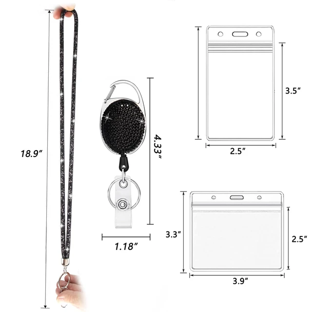 Alt view image 2 of 7 - 2 Pack Retractable ID Badge Holder with Bling Neck Strap Lanyard, Bling Badge Reel with Clear Card Holder for Office Worker Teacher Doctor (Black&Silver)