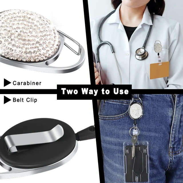 Alt view image 4 of 7 - 2 Pack Retractable ID Badge Holder with Bling Neck Strap Lanyard, Bling Badge Reel with Clear Card Holder for Office Worker Teacher Doctor (Black&Silver)