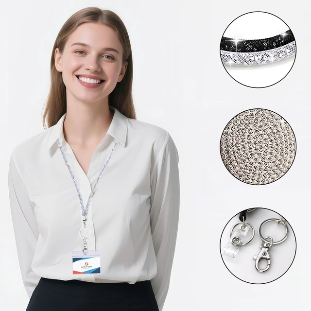 Alt view image 5 of 7 - 2 Pack Retractable ID Badge Holder with Bling Neck Strap Lanyard, Bling Badge Reel with Clear Card Holder for Office Worker Teacher Doctor (Black&Silver)
