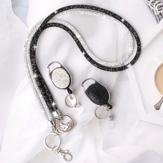 Alt view image 3 of 7 - 2 Pack Retractable ID Badge Holder with Bling Neck Strap Lanyard, Bling Badge Reel with Clear Card Holder for Office Worker Teacher Doctor (Black&Silver)