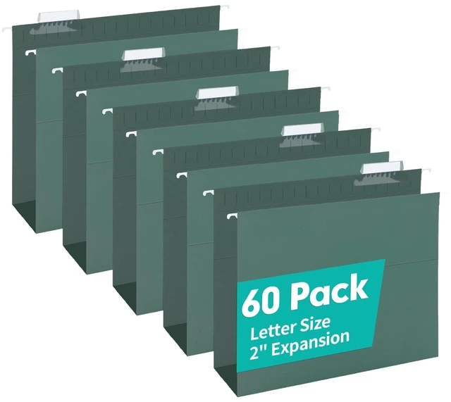 Main image of Extra Capacity Hanging File Folders, 60 Pack Reinforced Letter Size Hanging Folders with Heavy Duty 2 Inch Expansion, Designed for Bulky Files, Medical Charts, Green