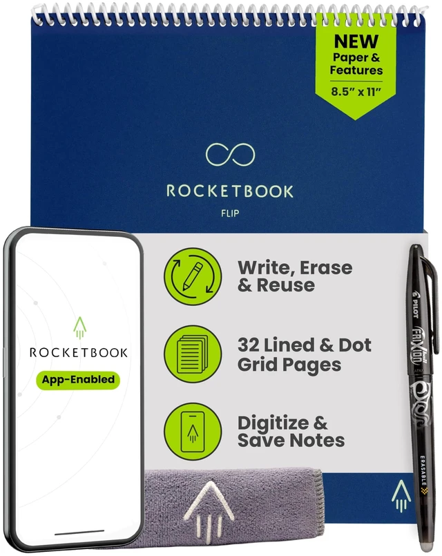 Main image of Flip Reusable Smart Notepad, Letter Size 8.5x11, Navy Blue Top Bound Spiral Notebook, Lined and Dotted Pages, Includes Pen and Towel