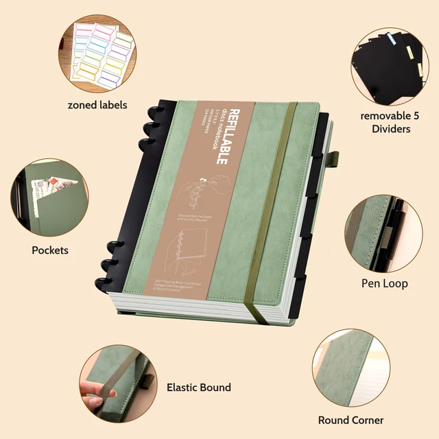 Alt view image 3 of 7 - Refillable Journal Notebooks for Work, Journal for Women Men,Green 224 Page,5 Subject Notebook with Removable Dividers Tabs,100 GSM Thick Hardcover Notebooks for Note Taking Writing,6.1 x 8.3
