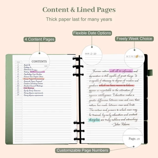 Alt view image 6 of 7 - Refillable Journal Notebooks for Work, Journal for Women Men,Green 224 Page,5 Subject Notebook with Removable Dividers Tabs,100 GSM Thick Hardcover Notebooks for Note Taking Writing,6.1 x 8.3