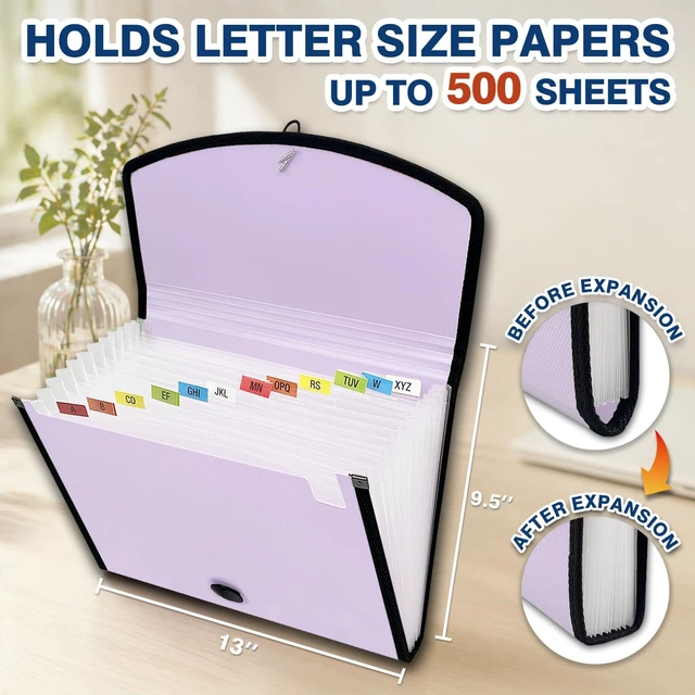 Alt view image 4 of 7 - 13-Pocket Accordion File Organizer, Expanding File Folder, Pale Lilac Back Mesh Pocket, Letter Size Paper, Reinforced Edges, Large Capacity, Colorful Tabs, Waterproof, Document Organizer