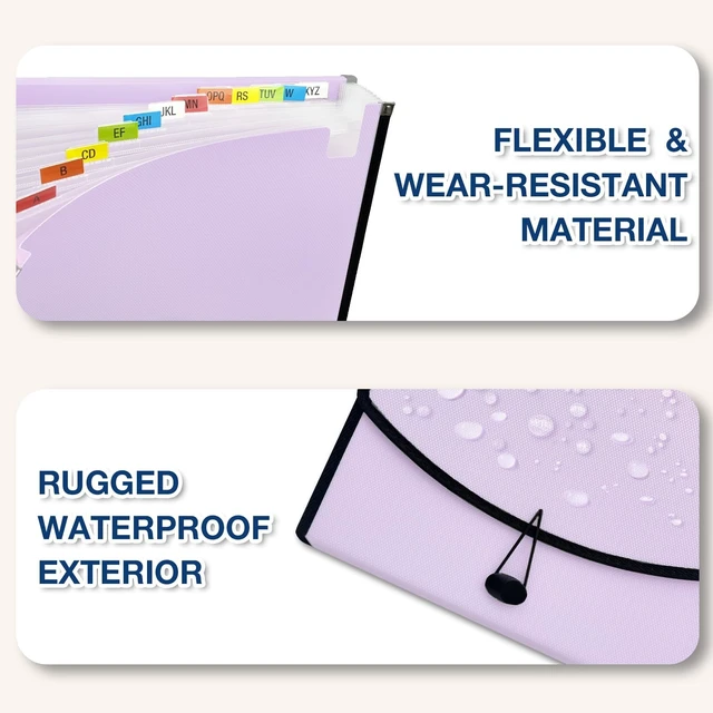 Alt view image 7 of 7 - 13-Pocket Accordion File Organizer, Expanding File Folder, Pale Lilac Back Mesh Pocket, Letter Size Paper, Reinforced Edges, Large Capacity, Colorful Tabs, Waterproof, Document Organizer