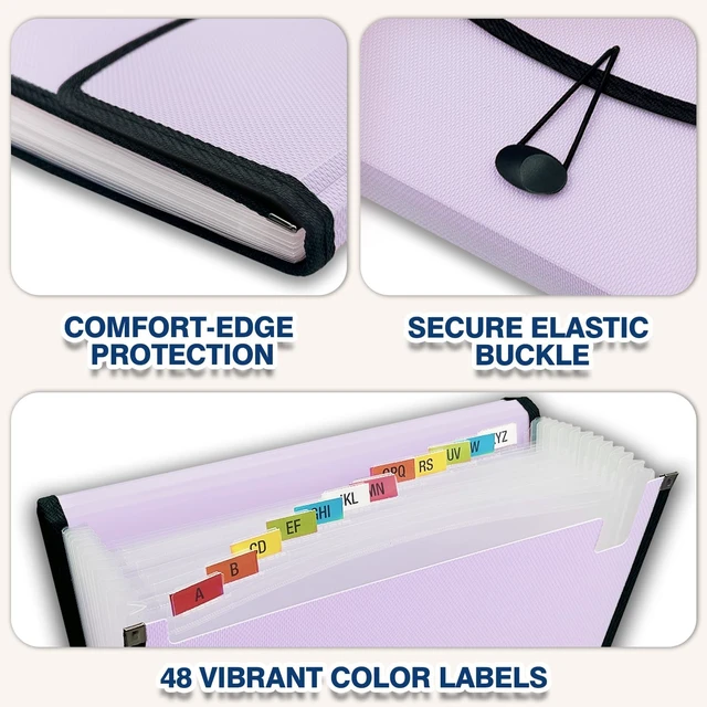 Alt view image 5 of 7 - 13-Pocket Accordion File Organizer, Expanding File Folder, Pale Lilac Back Mesh Pocket, Letter Size Paper, Reinforced Edges, Large Capacity, Colorful Tabs, Waterproof, Document Organizer