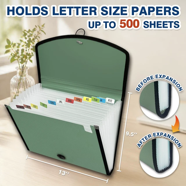 Alt view image 4 of 7 - 13-Pocket Accordion File Organizer, Expanding File Folder, Sage Back Mesh Pocket, Letter Size Paper, Reinforced Edges, Large Capacity, Colorful Tabs, Waterproof, Document Organizer