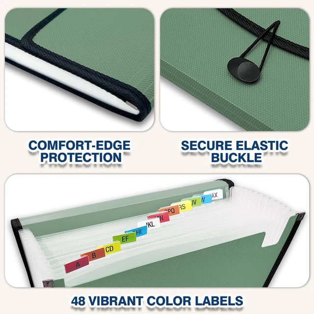 Alt view image 5 of 7 - 13-Pocket Accordion File Organizer, Expanding File Folder, Sage Back Mesh Pocket, Letter Size Paper, Reinforced Edges, Large Capacity, Colorful Tabs, Waterproof, Document Organizer