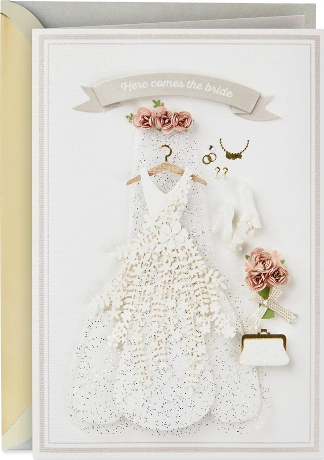 Main image of Signature Wedding Card (Here Comes the Bride) Embellished dress and bouquet design, coordinating envelope, high quality paper, 5.0 x 7.2 in