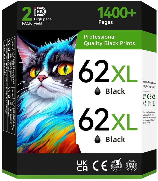 Main image of Printer Ink 62XL Compatible for HP 62 Black Ink Cartridge Fit for Envy 7640 5660 5540 5661 5642 5640 5640 5663 5544 5542 5549 OfficeJet 5740 250 5745 5746 200 Printer (2 Black)