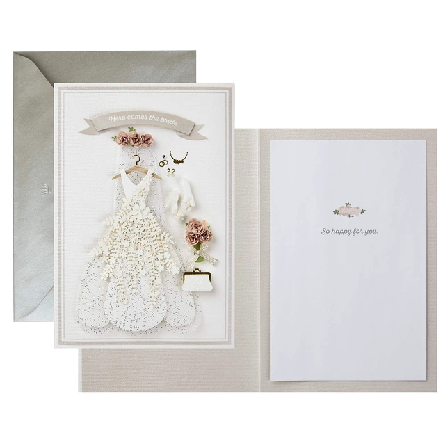 Alt view image 7 of 7 - Signature Wedding Card (Here Comes the Bride) Embellished dress and bouquet design, coordinating envelope, high quality paper, 5.0 x 7.2 in