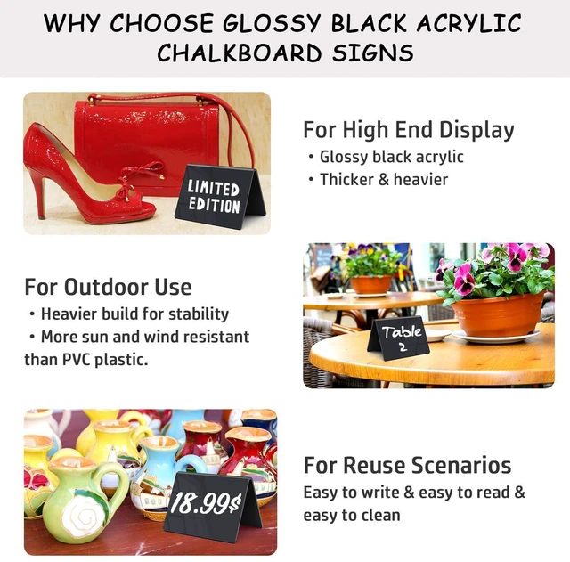 Alt view image 3 of 7 - Acrylic Mini Chalkboard Signs, 12 Pcs 4"x3" Small Food Labels for Party Buffet, Glossy Black Table Place Cards for Wedding, w/ 2 Wet Erase Markers