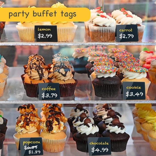 Alt view image 7 of 7 - Acrylic Mini Chalkboard Signs, 12 Pcs 4"x3" Small Food Labels for Party Buffet, Glossy Black Table Place Cards for Wedding, w/ 2 Wet Erase Markers