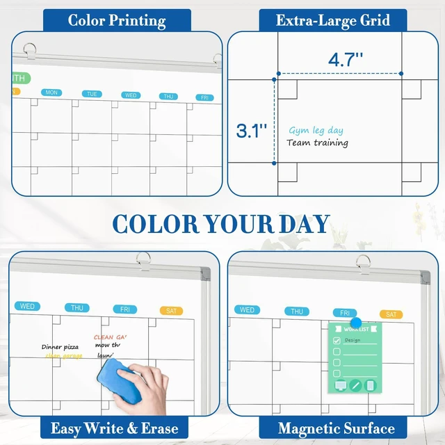 Alt view image 3 of 7 - Dry Erase Calendar Whiteboard for Wall, 36" x 24" Silver Frame Double-Sided Magnetic, Monthly White Board Calendar, Aluminum Frame, Hang Wall Mount for Home Office School