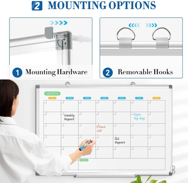 Alt view image 5 of 6 - Dry Erase Calendar Whiteboard for Wall, 24" x 18" Silver Frame Double-Sided Magnetic, Monthly White Board Calendar, Aluminum Frame, Hang Wall Mount for Home Office School