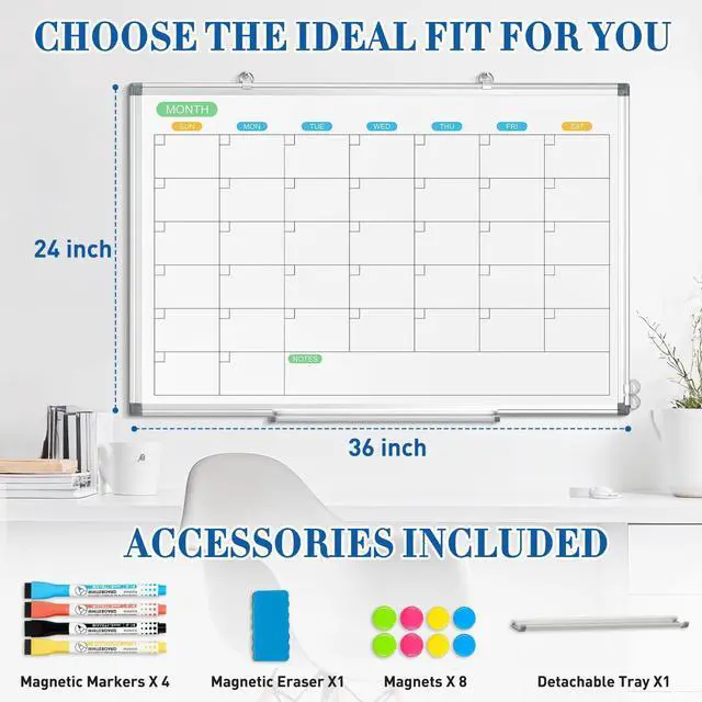 Alt view image 4 of 7 - Dry Erase Calendar Whiteboard for Wall, 36" x 24" Silver Frame Double-Sided Magnetic, Monthly White Board Calendar, Aluminum Frame, Hang Wall Mount for Home Office School