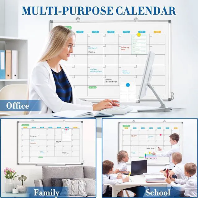 Alt view image 6 of 7 - Dry Erase Calendar Whiteboard for Wall, 36" x 24" Silver Frame Double-Sided Magnetic, Monthly White Board Calendar, Aluminum Frame, Hang Wall Mount for Home Office School