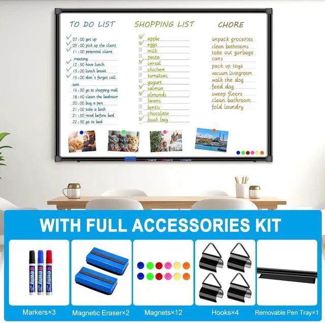 Alt view image 2 of 7 - 48"x36" Magnetic White Board Dry Erase Wall Mount Whiteboard - Office Home Classrooms White Board Hanging Writing Board with Black Aluminum Frame