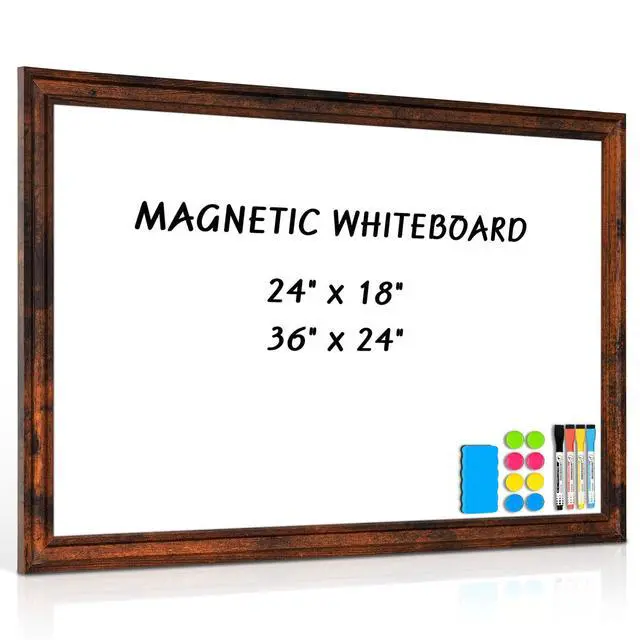 Main image of White Board for Wall, 36'' x 24'' Magnetic Dry Erase Board, Brown Wooden Frame, Decorative Whiteboard, Wall Mounted, for Home, Office, Kitchen, Dorm, 4 Markers, 6 Magnets, A Eraser