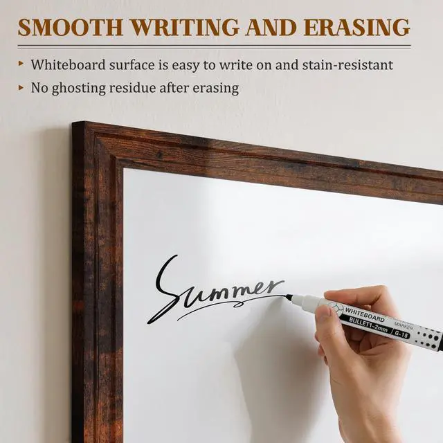Alt view image 4 of 7 - White Board for Wall, 36'' x 24'' Magnetic Dry Erase Board, Brown Wooden Frame, Decorative Whiteboard, Wall Mounted, for Home, Office, Kitchen, Dorm, 4 Markers, 6 Magnets, A Eraser