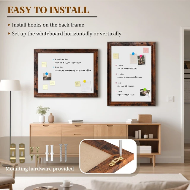 Alt view image 5 of 7 - White Board for Wall, 36'' x 24'' Magnetic Dry Erase Board, Brown Wooden Frame, Decorative Whiteboard, Wall Mounted, for Home, Office, Kitchen, Dorm, 4 Markers, 6 Magnets, A Eraser