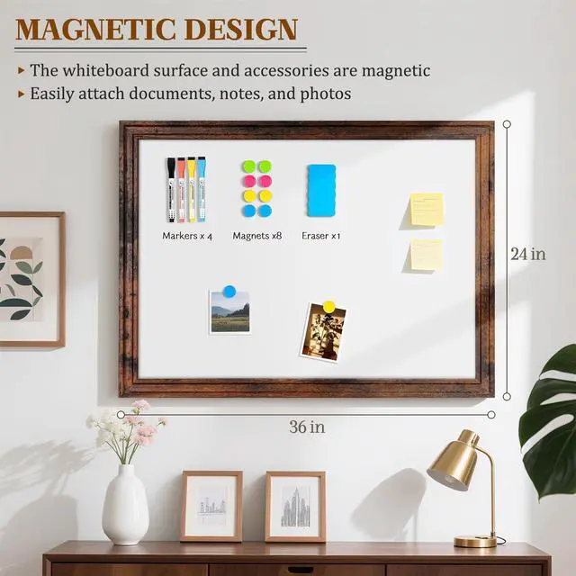 Alt view image 3 of 7 - White Board for Wall, 36'' x 24'' Magnetic Dry Erase Board, Brown Wooden Frame, Decorative Whiteboard, Wall Mounted, for Home, Office, Kitchen, Dorm, 4 Markers, 6 Magnets, A Eraser