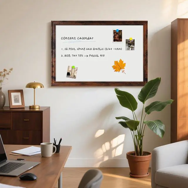 Alt view image 6 of 7 - White Board for Wall, 36'' x 24'' Magnetic Dry Erase Board, Brown Wooden Frame, Decorative Whiteboard, Wall Mounted, for Home, Office, Kitchen, Dorm, 4 Markers, 6 Magnets, A Eraser