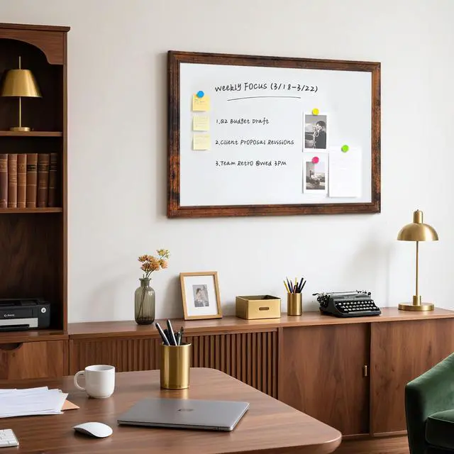 Alt view image 7 of 7 - White Board for Wall, 36'' x 24'' Magnetic Dry Erase Board, Brown Wooden Frame, Decorative Whiteboard, Wall Mounted, for Home, Office, Kitchen, Dorm, 4 Markers, 6 Magnets, A Eraser