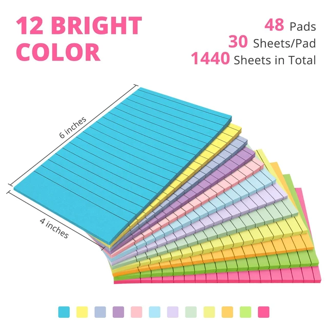 Alt view image 2 of 7 - Lined Sticky Notes, 4 x 6 Inches, 48 Pads, 30 Sheets/Pad, Bright Large Sticky Notes with Lines for Office, Home, School, Ruled Memo Note Pads for Shopping, Planning, Studying