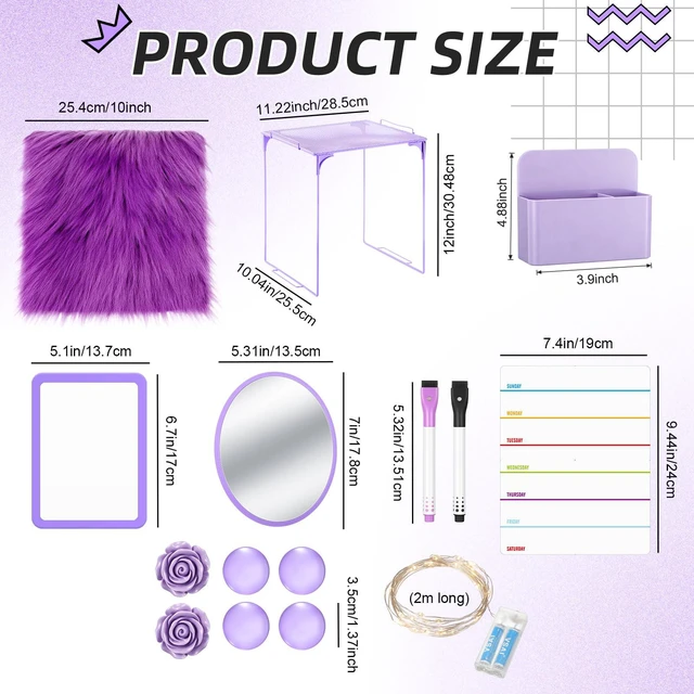 Alt view image 3 of 7 - 11 Pcs Back to School Locker Accessories Kit, Purple, Classic Locker Shelf Magnetic Mirror Rug Weekly Schedule Whiteboard Pen Holder Marker and More, Locker Decor and Storage Needs