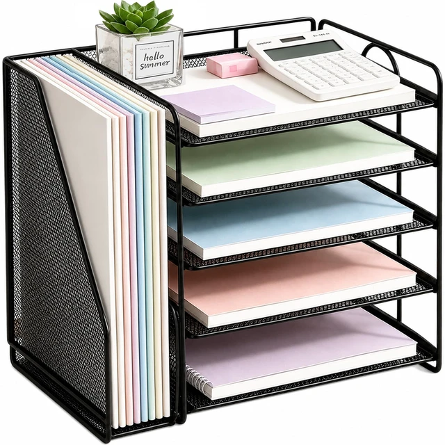 Main image of Desk Organizer, 5-Tier Paper Organizer Letter Tray, Black Desk Organizers and Accessories, Office Desk Accessories & Workspace Organizers, Desktop File Organizer for Office Supplies