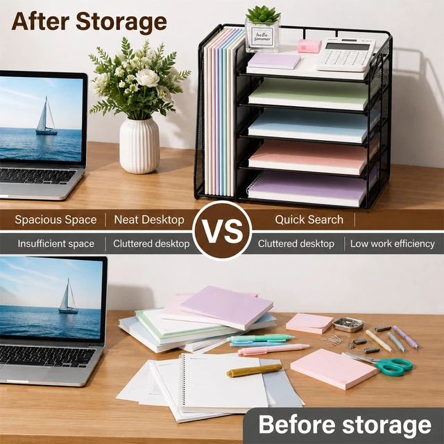 Alt view image 2 of 7 - Desk Organizer, 5-Tier Paper Organizer Letter Tray, Black Desk Organizers and Accessories, Office Desk Accessories & Workspace Organizers, Desktop File Organizer for Office Supplies