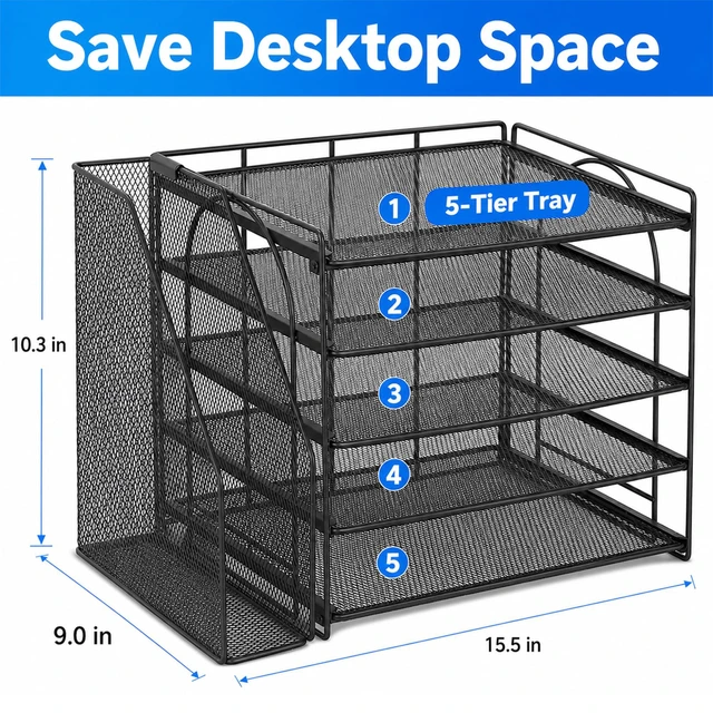 Alt view image 3 of 7 - Desk Organizer, 5-Tier Paper Organizer Letter Tray, Black Desk Organizers and Accessories, Office Desk Accessories & Workspace Organizers, Desktop File Organizer for Office Supplies