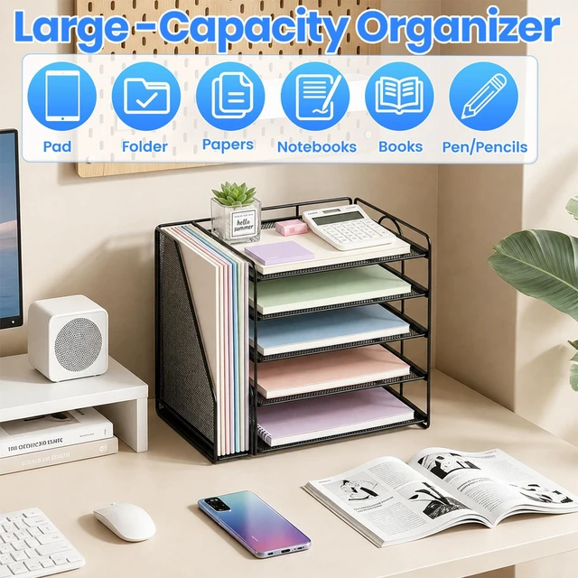 Alt view image 6 of 7 - Desk Organizer, 5-Tier Paper Organizer Letter Tray, Black Desk Organizers and Accessories, Office Desk Accessories & Workspace Organizers, Desktop File Organizer for Office Supplies