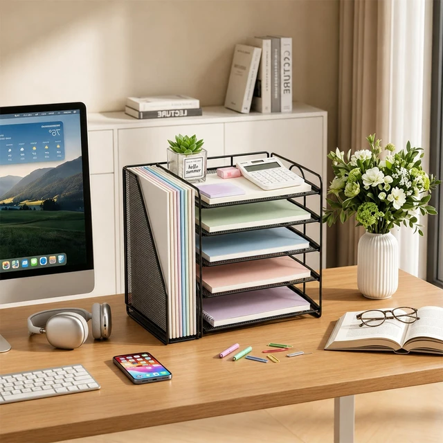 Alt view image 5 of 7 - Desk Organizer, 5-Tier Paper Organizer Letter Tray, Black Desk Organizers and Accessories, Office Desk Accessories & Workspace Organizers, Desktop File Organizer for Office Supplies