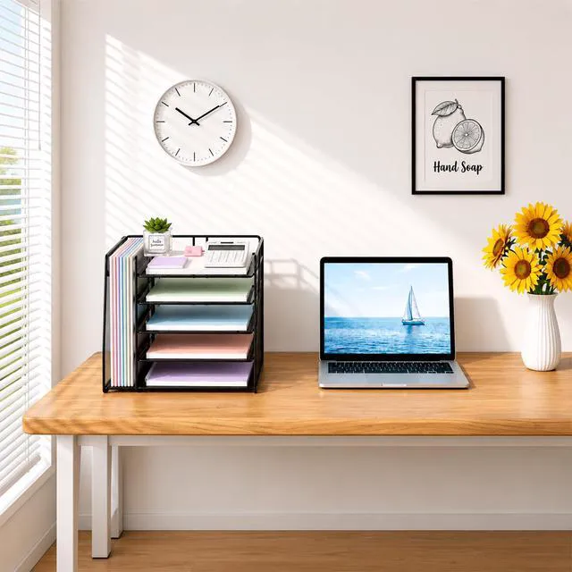 Alt view image 7 of 7 - Desk Organizer, 5-Tier Paper Organizer Letter Tray, Black Desk Organizers and Accessories, Office Desk Accessories & Workspace Organizers, Desktop File Organizer for Office Supplies