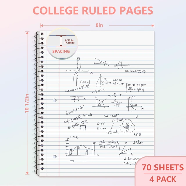 Alt view image 3 of 7 - 4 Pack Spiral Notebooks, 1 Subject College Ruled, 10.5 x 8 in, 70 Sheets Each, 3-Hole Punched Perforated Pages, Plastic Covers with Pockets, Silver Coil, Assorted Colors