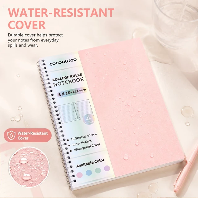 Alt view image 2 of 7 - 4 Pack Spiral Notebooks, 1 Subject College Ruled, 10.5 x 8 in, 70 Sheets Each, 3-Hole Punched Perforated Pages, Plastic Covers with Pockets, Silver Coil, Assorted Colors
