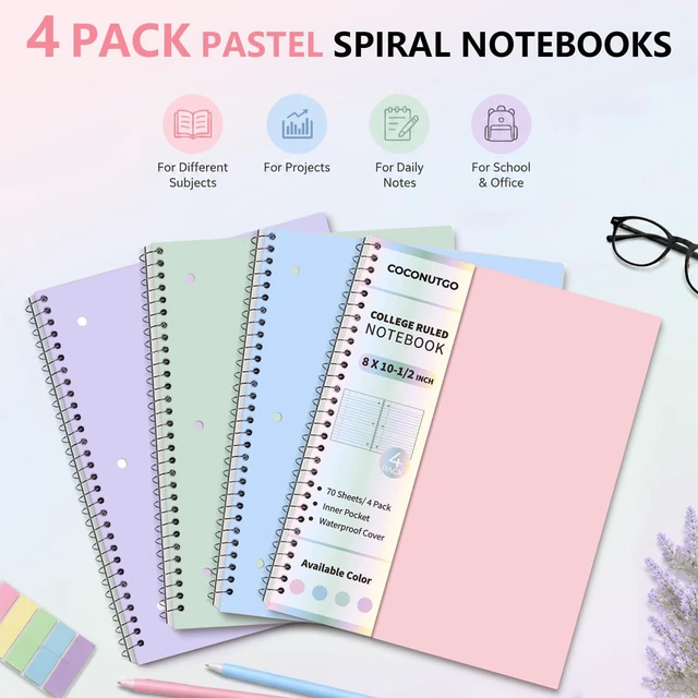 Alt view image 5 of 7 - 4 Pack Spiral Notebooks, 1 Subject College Ruled, 10.5 x 8 in, 70 Sheets Each, 3-Hole Punched Perforated Pages, Plastic Covers with Pockets, Silver Coil, Assorted Colors