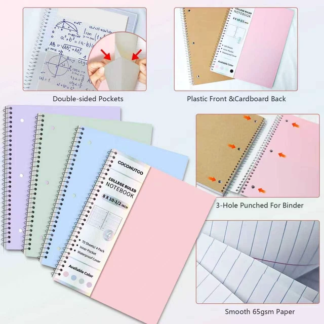 Alt view image 7 of 7 - 4 Pack Spiral Notebooks, 1 Subject College Ruled, 10.5 x 8 in, 70 Sheets Each, 3-Hole Punched Perforated Pages, Plastic Covers with Pockets, Silver Coil, Assorted Colors