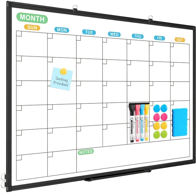 Main image of Dry Erase Calendar Whiteboard for Wall, 36" x 24" Month White Board Black Double-Sided Magnetic, Monthly Calendar Whiteboard, Aluminum Frame, Hanging Wall Mount, Home Office School
