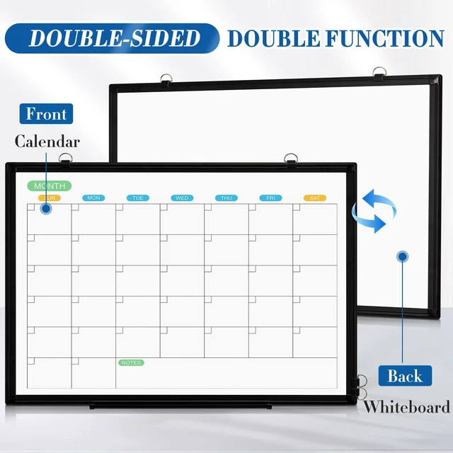 Alt view image 2 of 7 - Dry Erase Calendar Whiteboard for Wall, 36" x 24" Month White Board Black Double-Sided Magnetic, Monthly Calendar Whiteboard, Aluminum Frame, Hanging Wall Mount, Home Office School